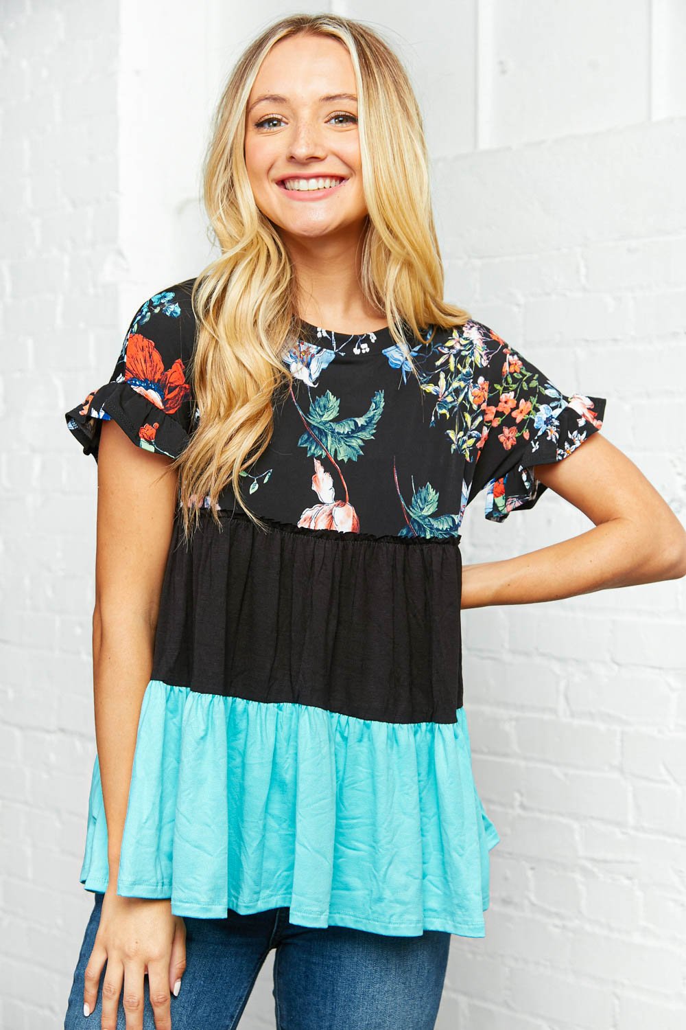 Floral Print Ruffle Sleeve Layered Frill Top