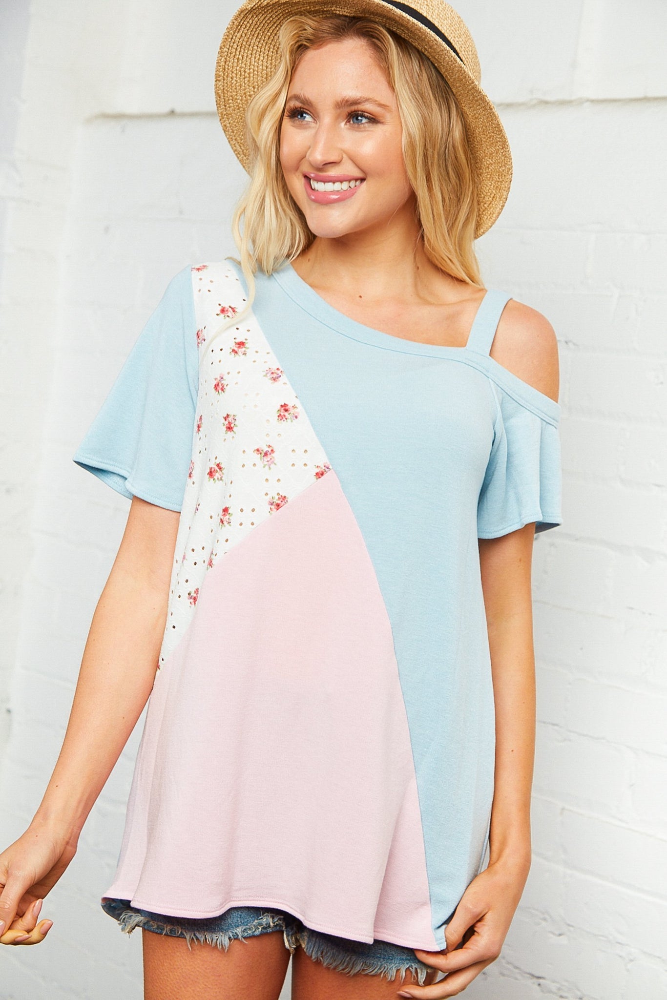 Floral Color Block Top w/ Shoulder Strap Design