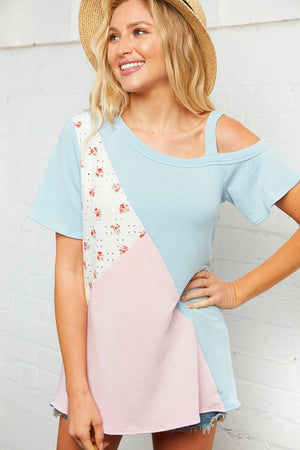 Floral Color Block Top w/ Shoulder Strap Design