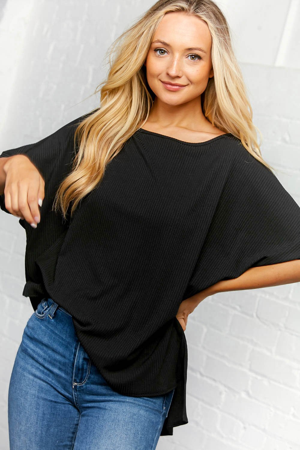 Black Hi-Lo Split Short Sleeve Ribbed Tunic