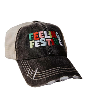 Feeling Festive Distressed Trucker Hat - Black