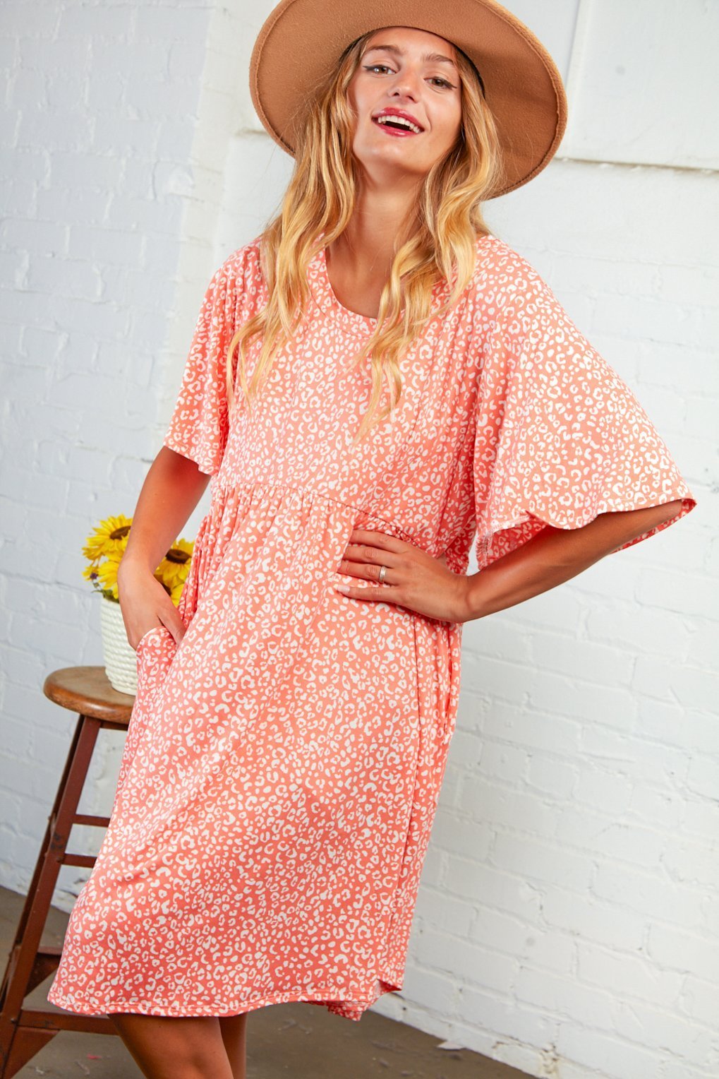 Coral Leopard Print Baby Doll Midi Dress