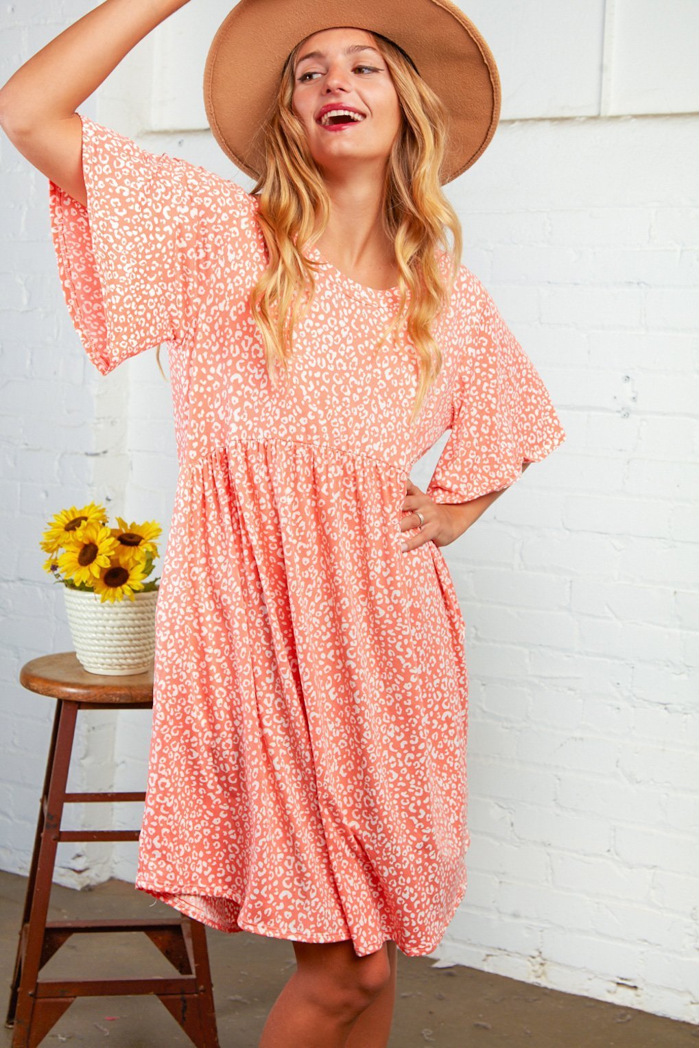 Coral Leopard Print Baby Doll Midi Dress