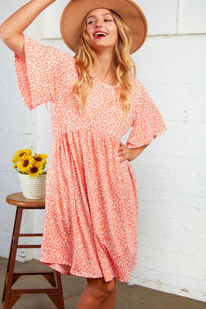 Coral Leopard Print Baby Doll Midi Dress
