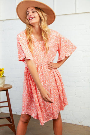 Coral Leopard Print Baby Doll Midi Dress