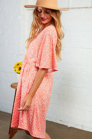 Coral Leopard Print Baby Doll Midi Dress