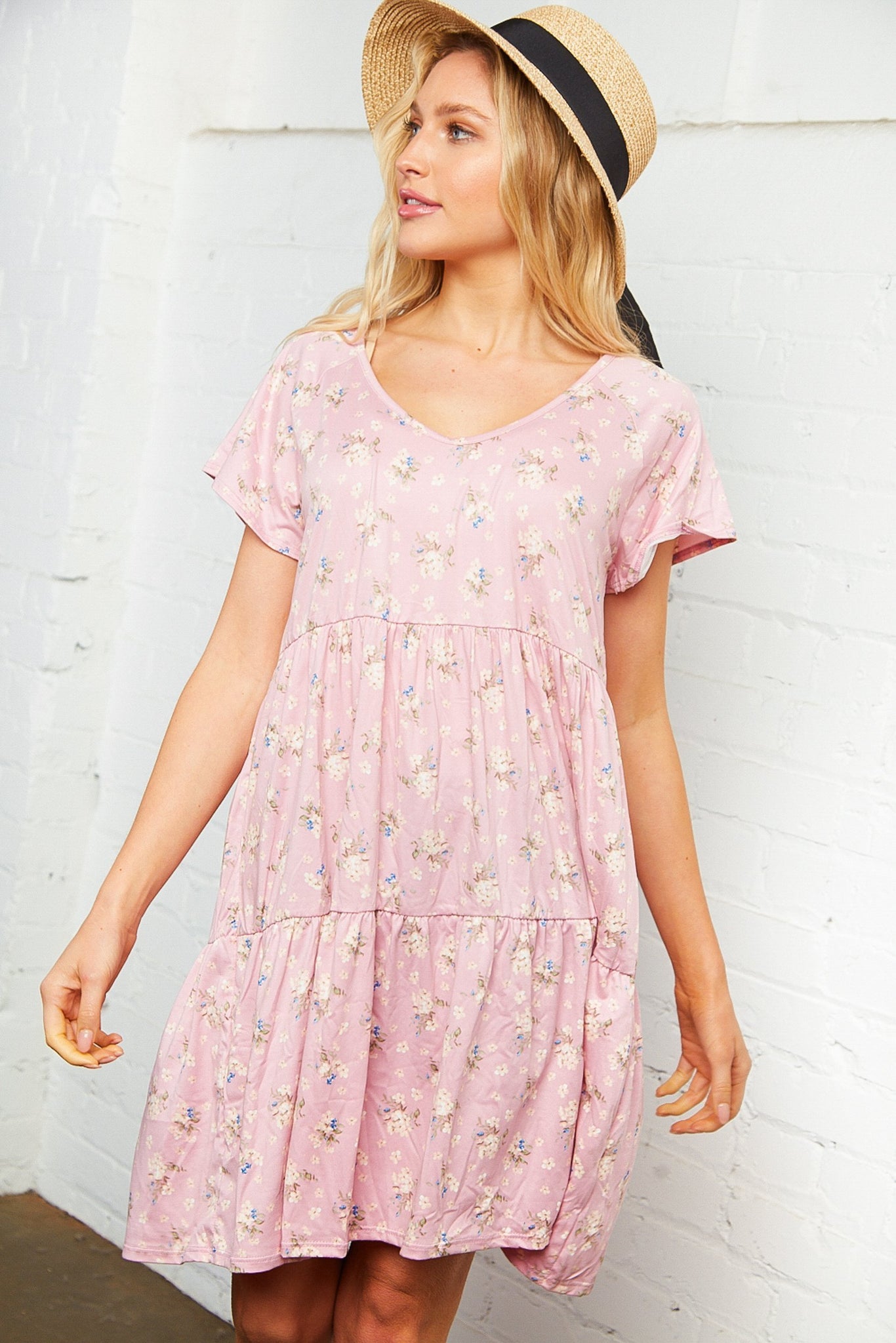 Blush Pink Floral Tiered Dress