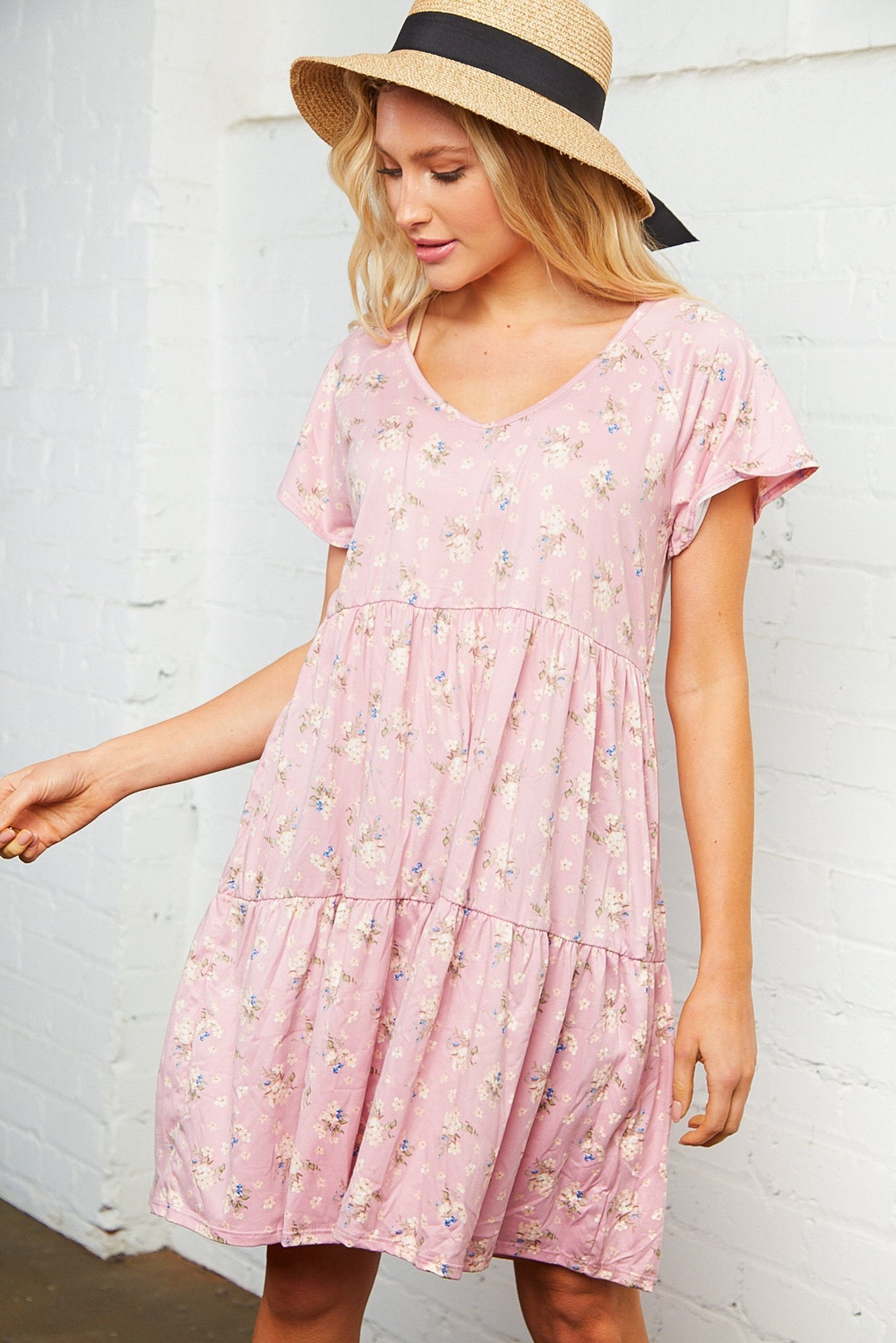 Blush Pink Floral Tiered Dress