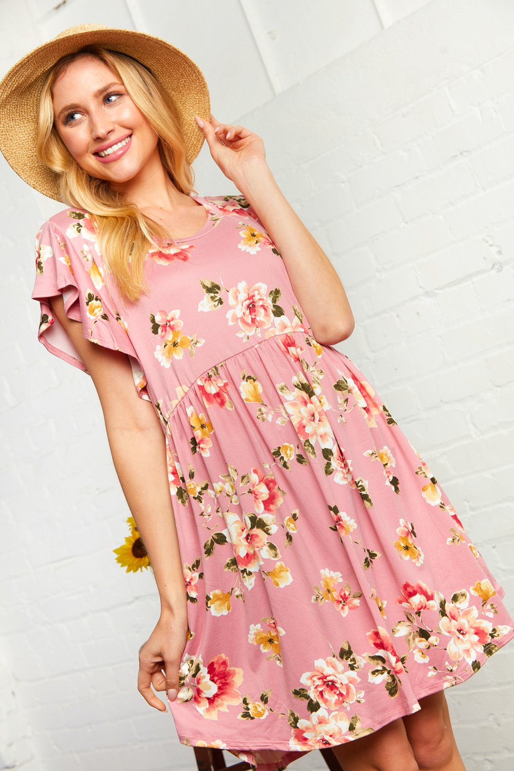 Floral Print Flutter Sleeve Babydoll Dress