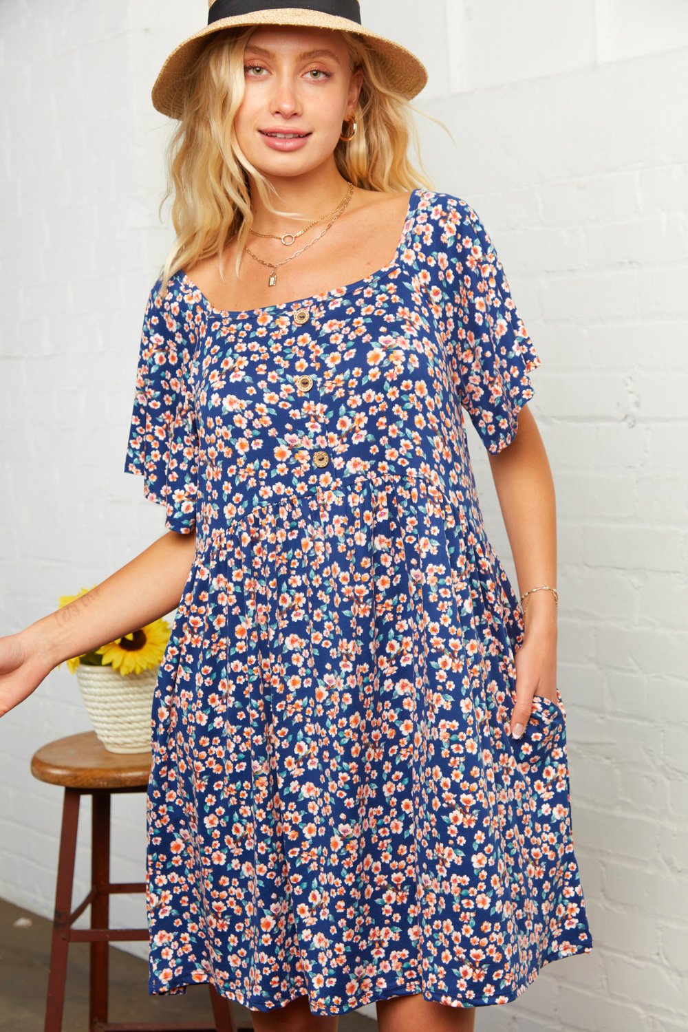 Navy Blue Button Down Floral Pocketed Dress