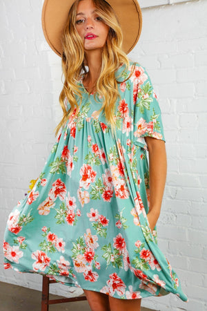 Mint Floral V Neck Dress with Pockets