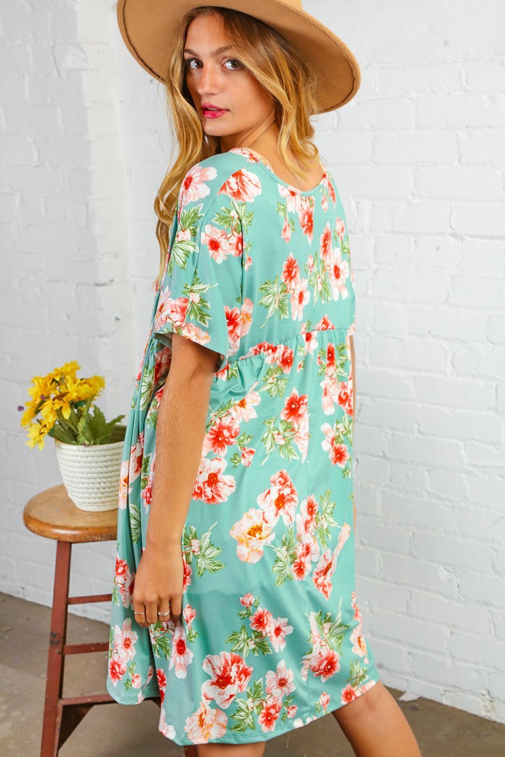 Mint Floral V Neck Dress with Pockets