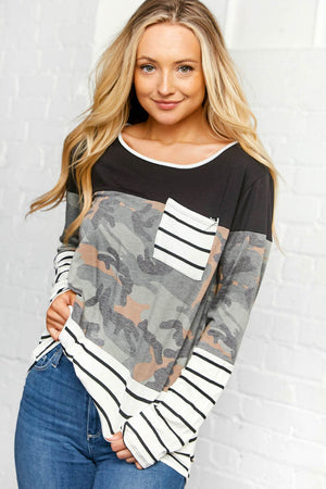 Camo Stripe Color Block Front Pocket Top