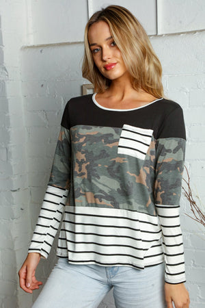 Camo Print Color Block Stripe Pocket Top