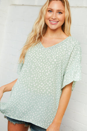 Spotted Leopard Ruffle Sleeve Woven Blouse