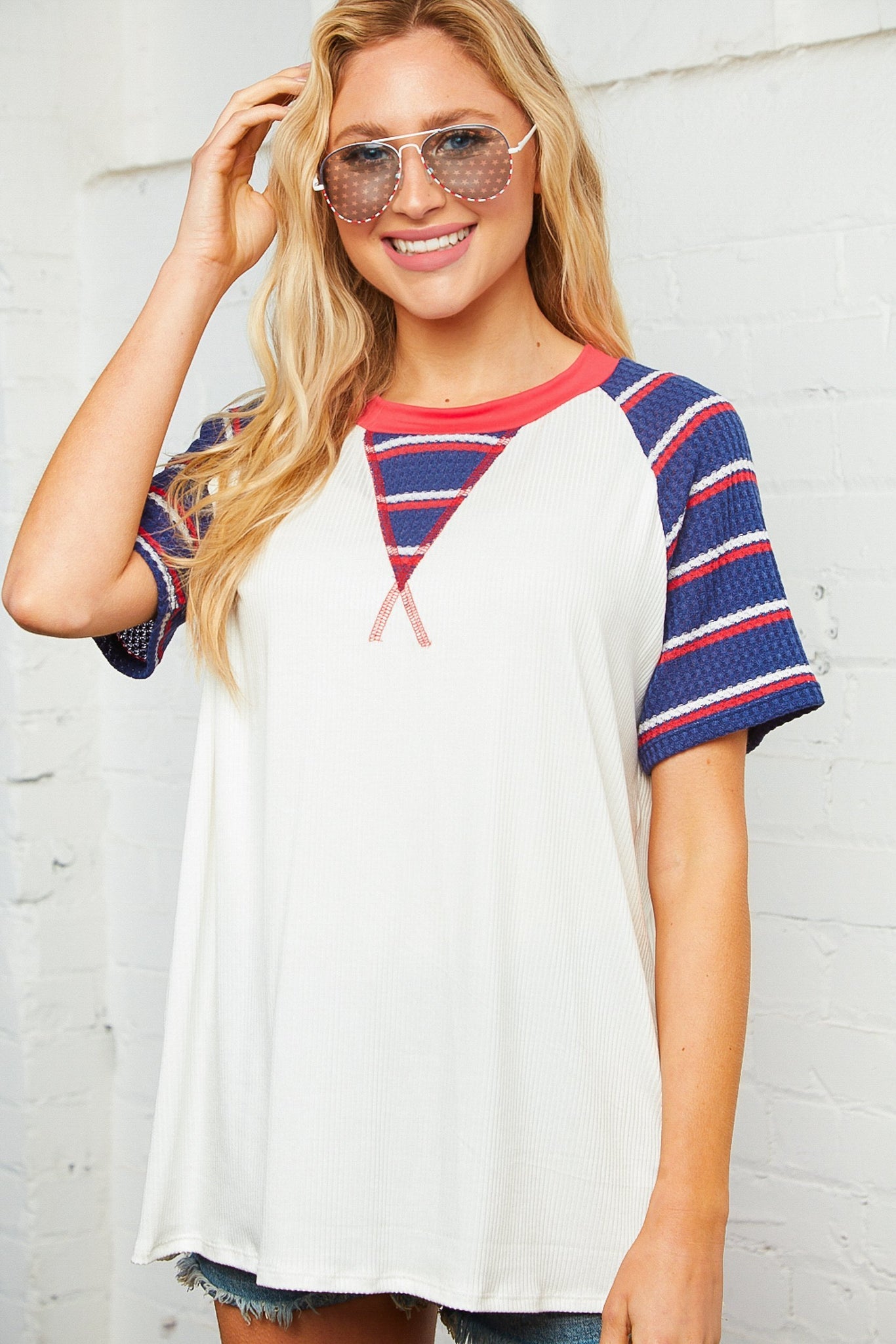 Patriotic Waffle Print Raglan Top