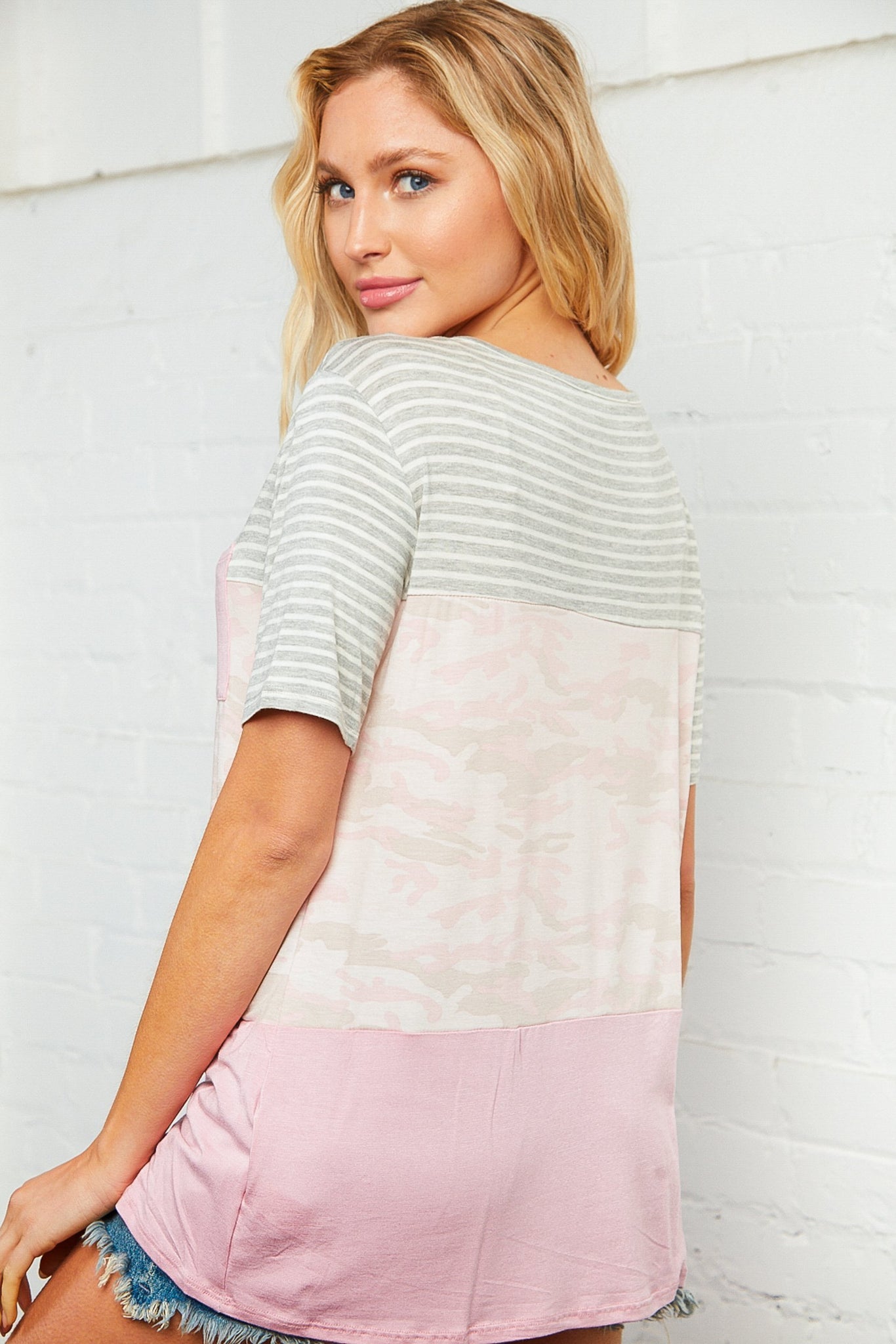 Blush Camo Pocketed Color Block Top