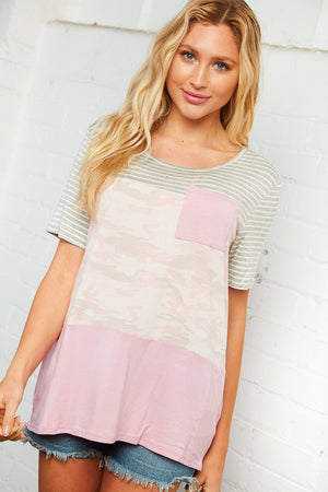 Blush Camo Pocketed Color Block Top