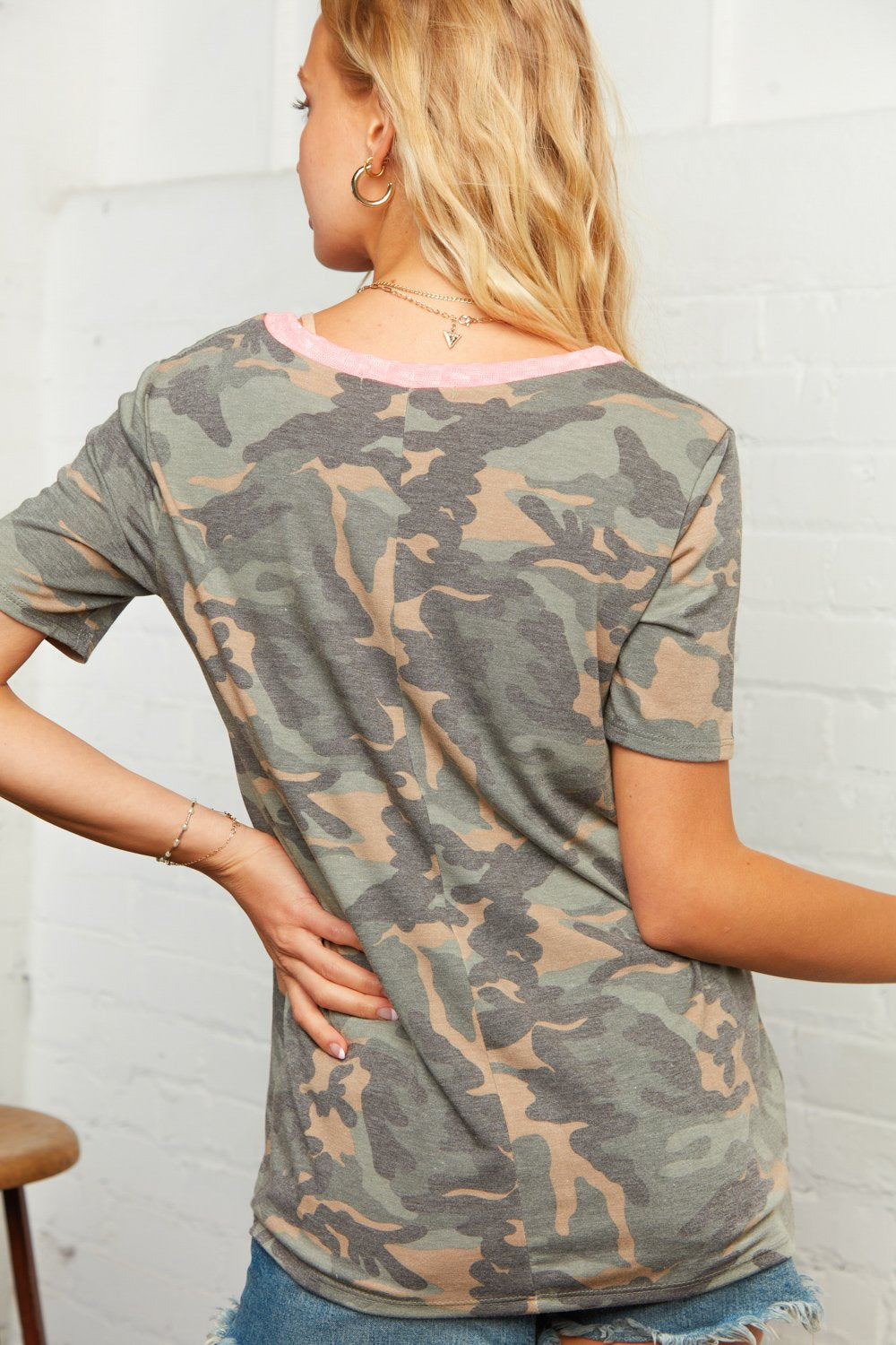 Camo and Neon V Neck Top