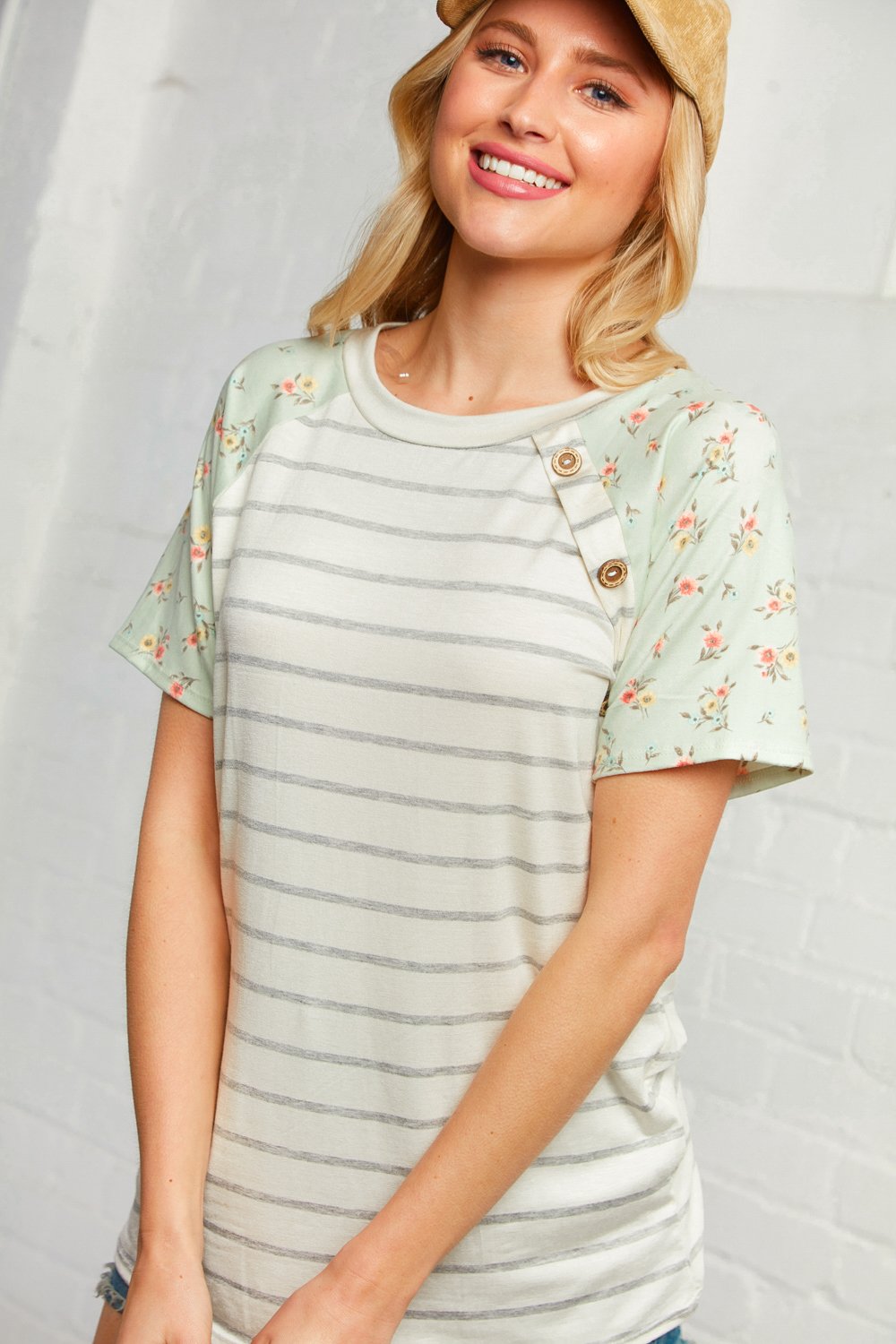 Stripe Floral Raglan Button Top