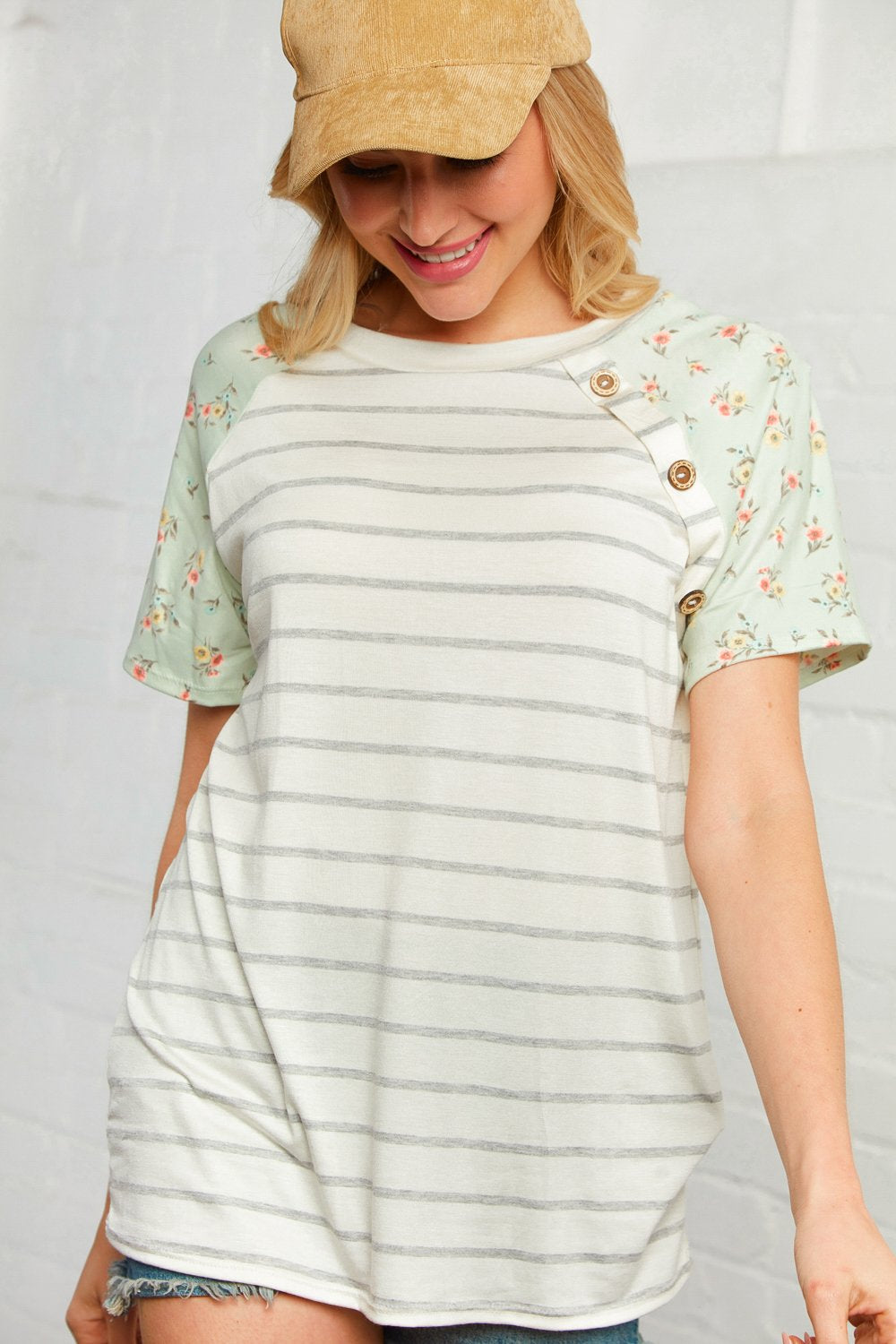 Stripe Floral Raglan Button Top