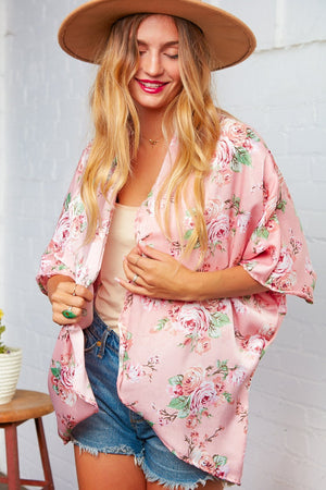 Floral Print Satin Open Kimono