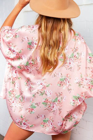 Floral Print Satin Open Kimono