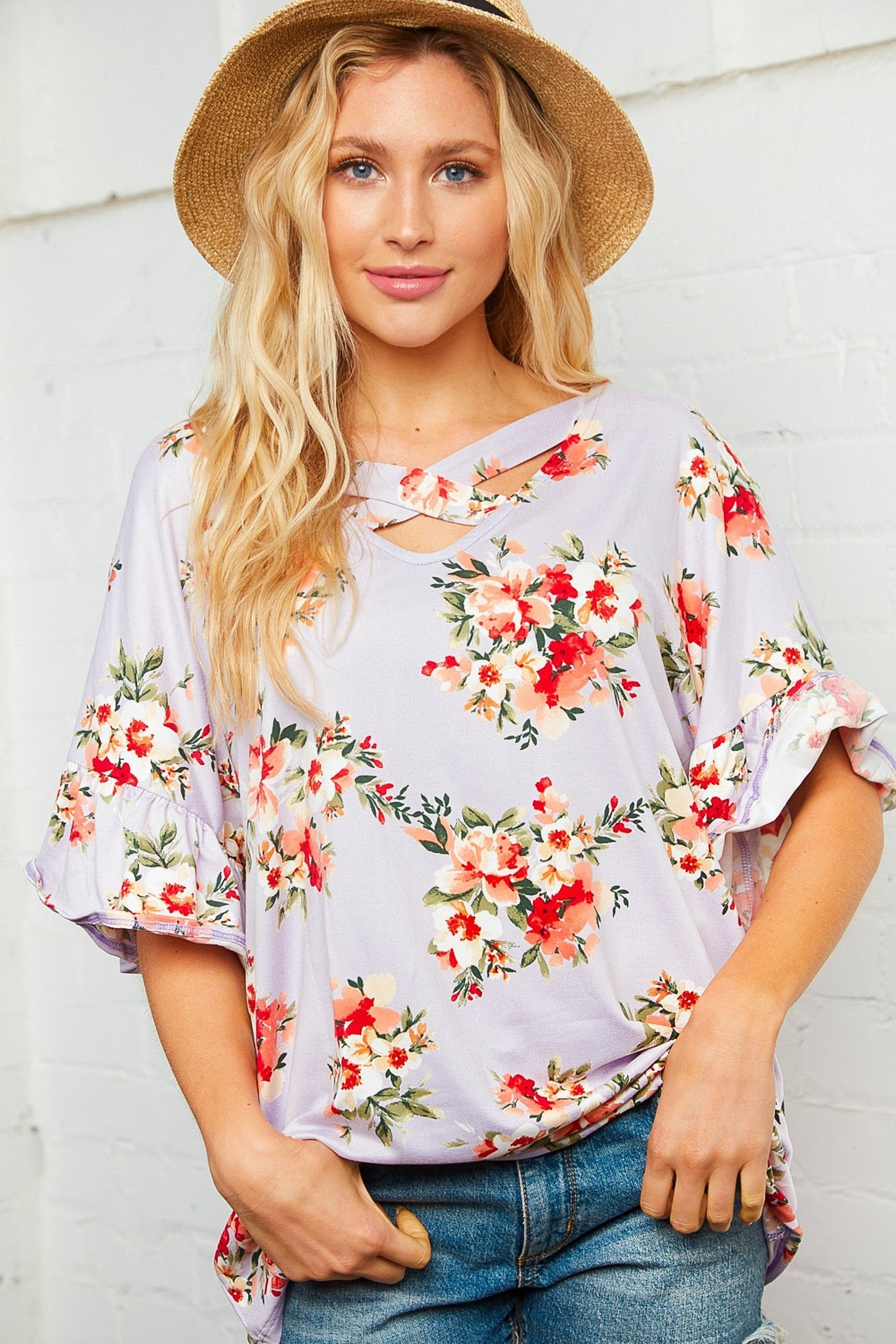 Floral Criss Cross Neck Knit Top