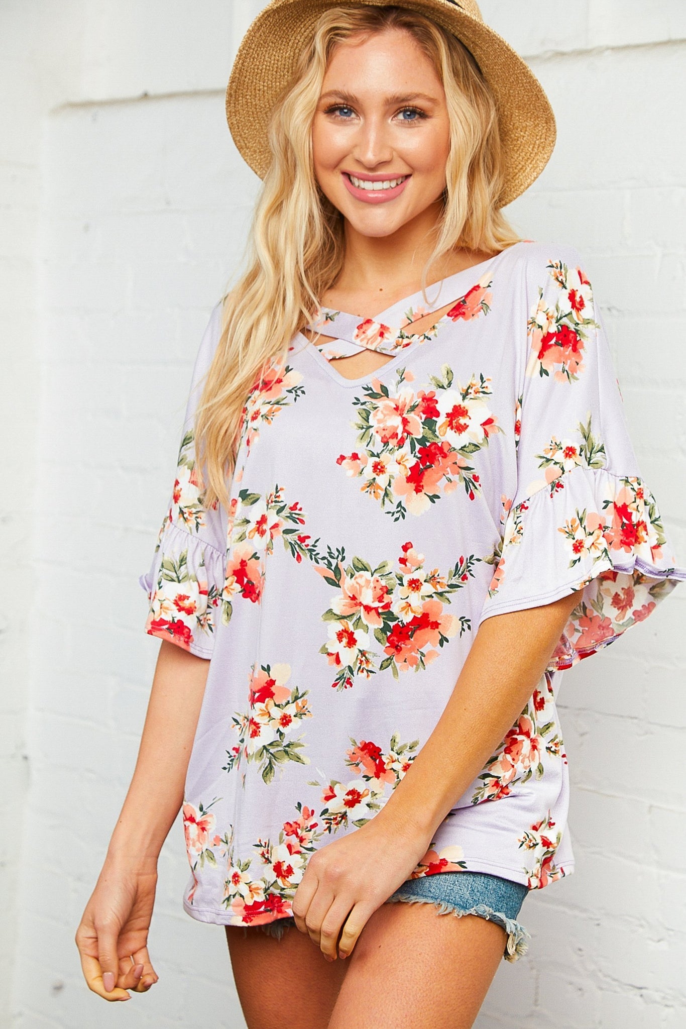 Floral Criss Cross Neck Knit Top
