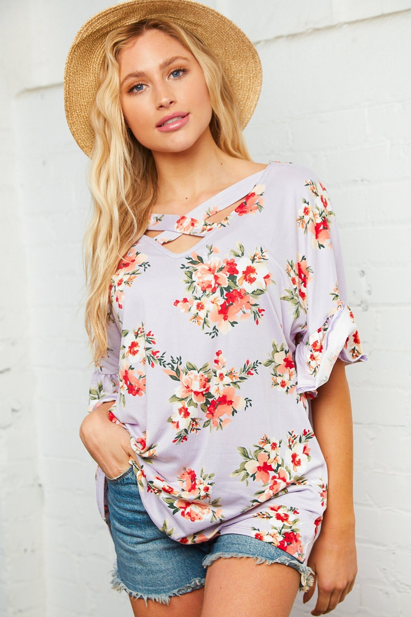 Floral Criss Cross Neck Knit Top