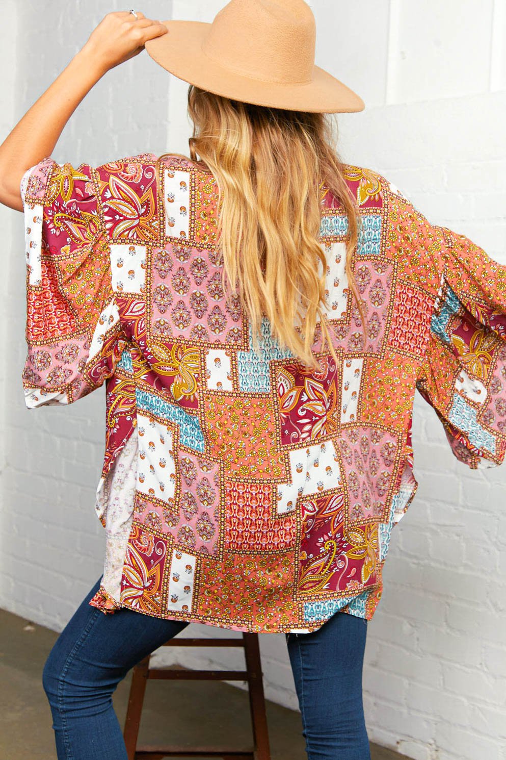 Raspberry Boho Patchwork Ruffle Bell Sleeve Kimono