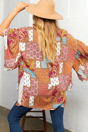 Raspberry Boho Patchwork Ruffle Bell Sleeve Kimono