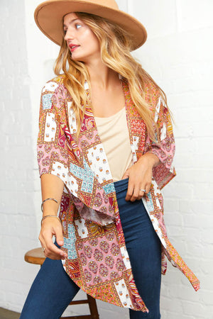 Raspberry Boho Patchwork Ruffle Bell Sleeve Kimono