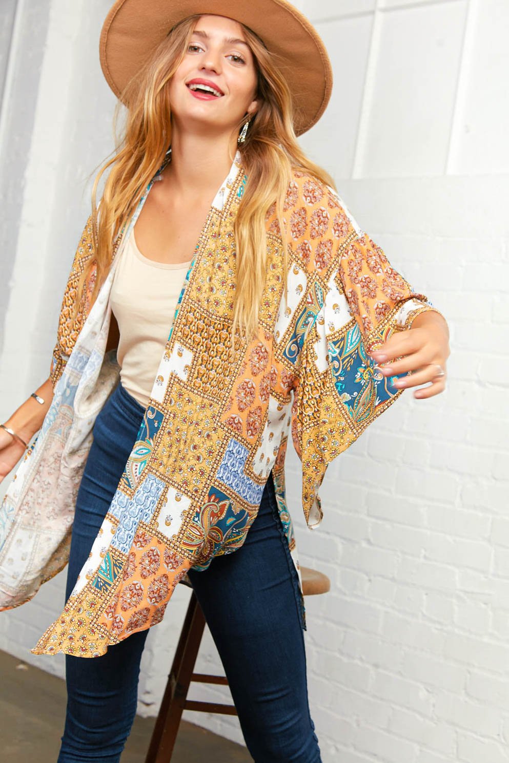 Sunflower Boho Patchwork Ruffle Bell Sleeve Kimono
