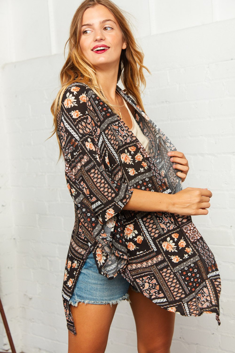 Black Boho Patchwork Bell Sleeve Kimono