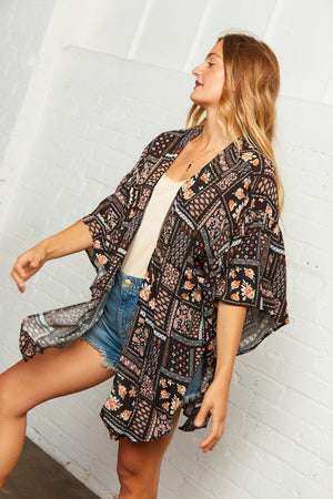 Black Boho Patchwork Bell Sleeve Kimono