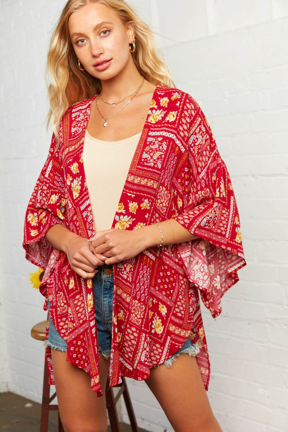 Rasberry Boho Patchwork Bell Sleeve Kimono