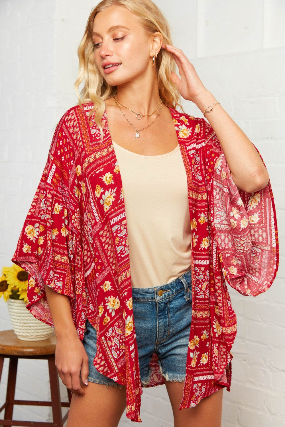 Rasberry Boho Patchwork Bell Sleeve Kimono