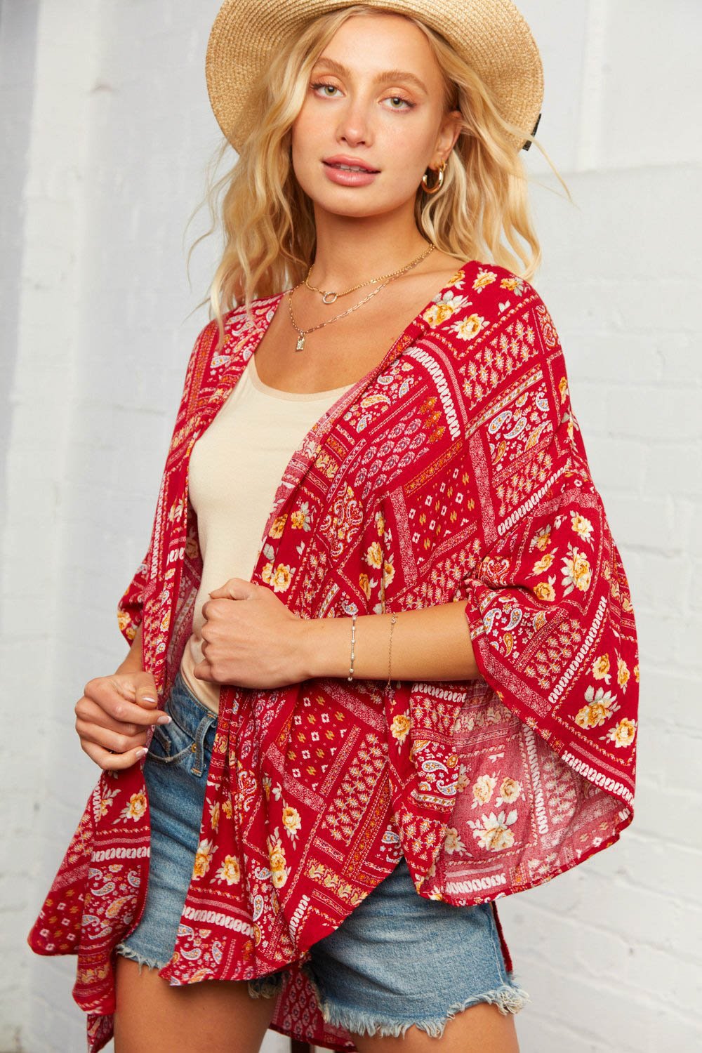 Rasberry Boho Patchwork Bell Sleeve Kimono