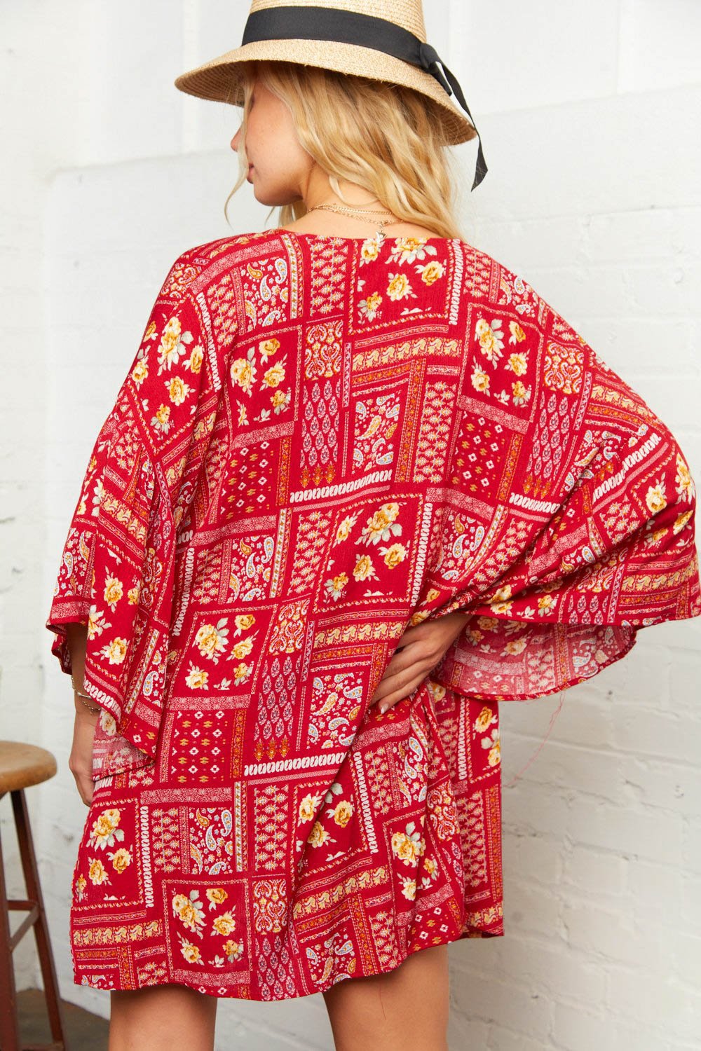 Rasberry Boho Patchwork Bell Sleeve Kimono