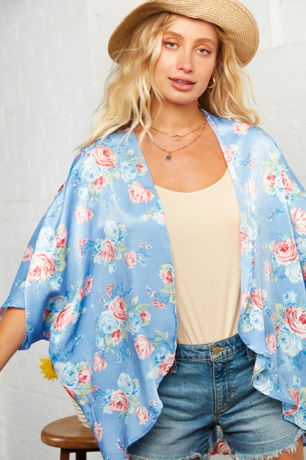 Sky Blue Silky Floral Open Kimono
