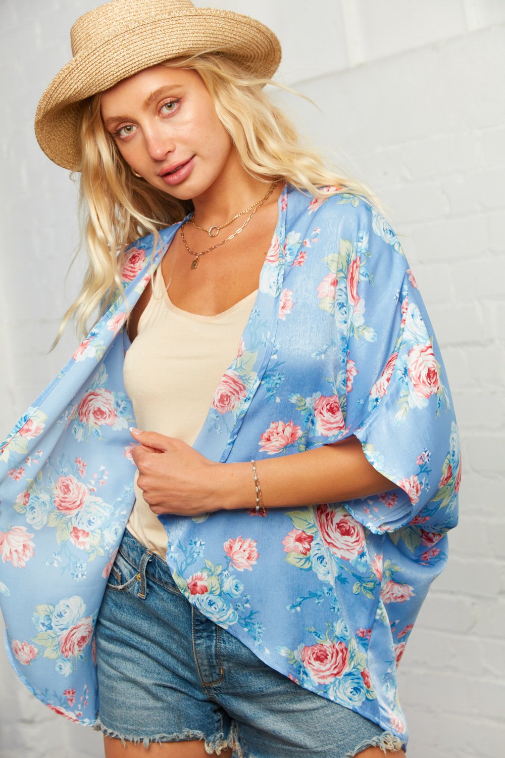 Sky Blue Silky Floral Open Kimono