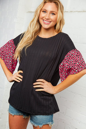 Black Ribbed Fuchsia Animal Sleeved Top