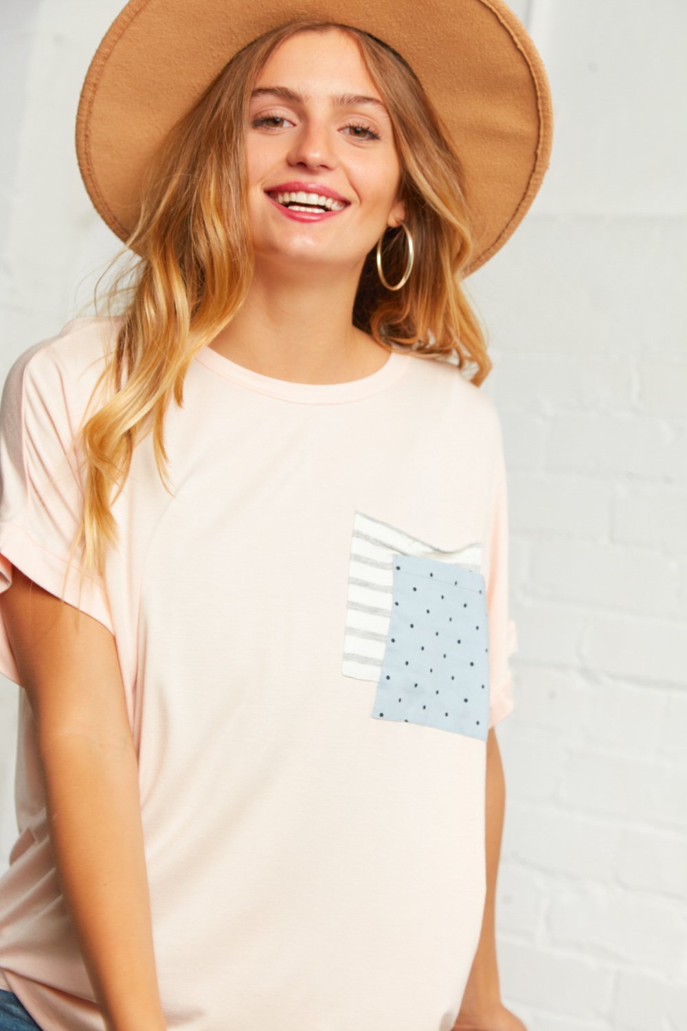Peach Polka Dot and Stripe Double Pocket Top