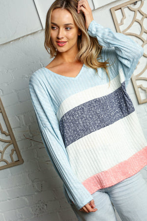 Brushed Hacci Blue Color Block Rib Top