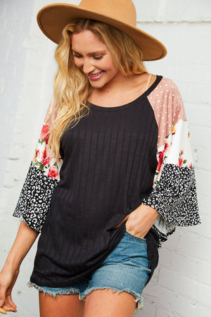 Rib Knit Floral Leopard Bell Sleeve Top