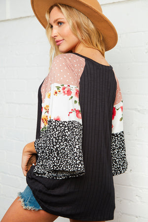 Rib Knit Floral Leopard Bell Sleeve Top