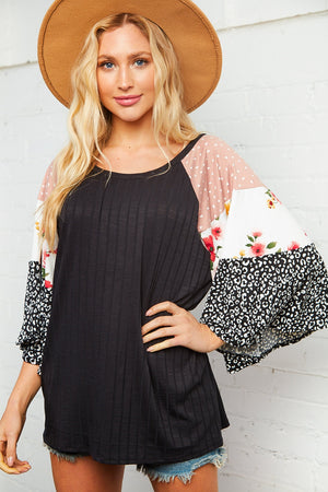 Rib Knit Floral Leopard Bell Sleeve Top