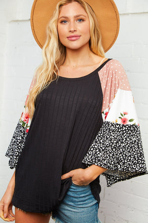 Rib Knit Floral Leopard Bell Sleeve Top