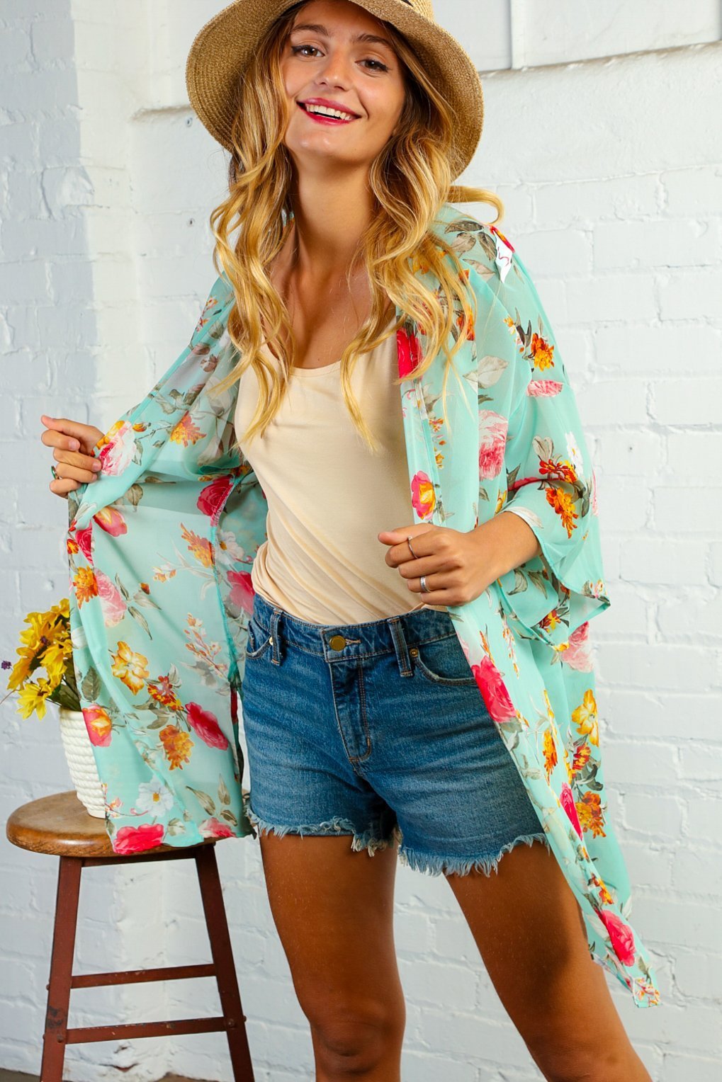 Mint Floral Open Kimono with Side Slits